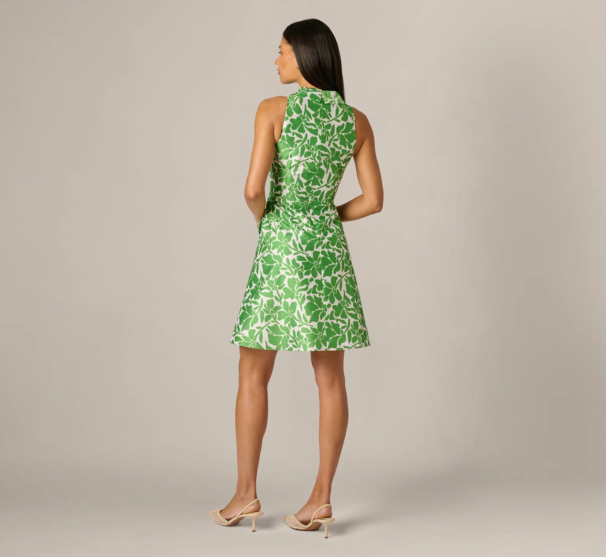 Sleeveless Printed Tie Front Short Dress In Ivory Green