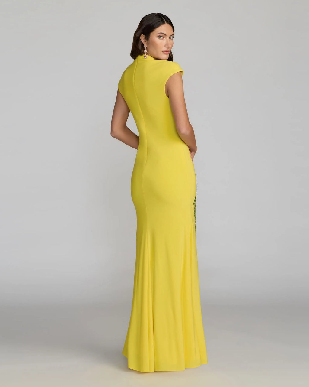 Yellow Floral Appliqué V-Neck Jersey Gown