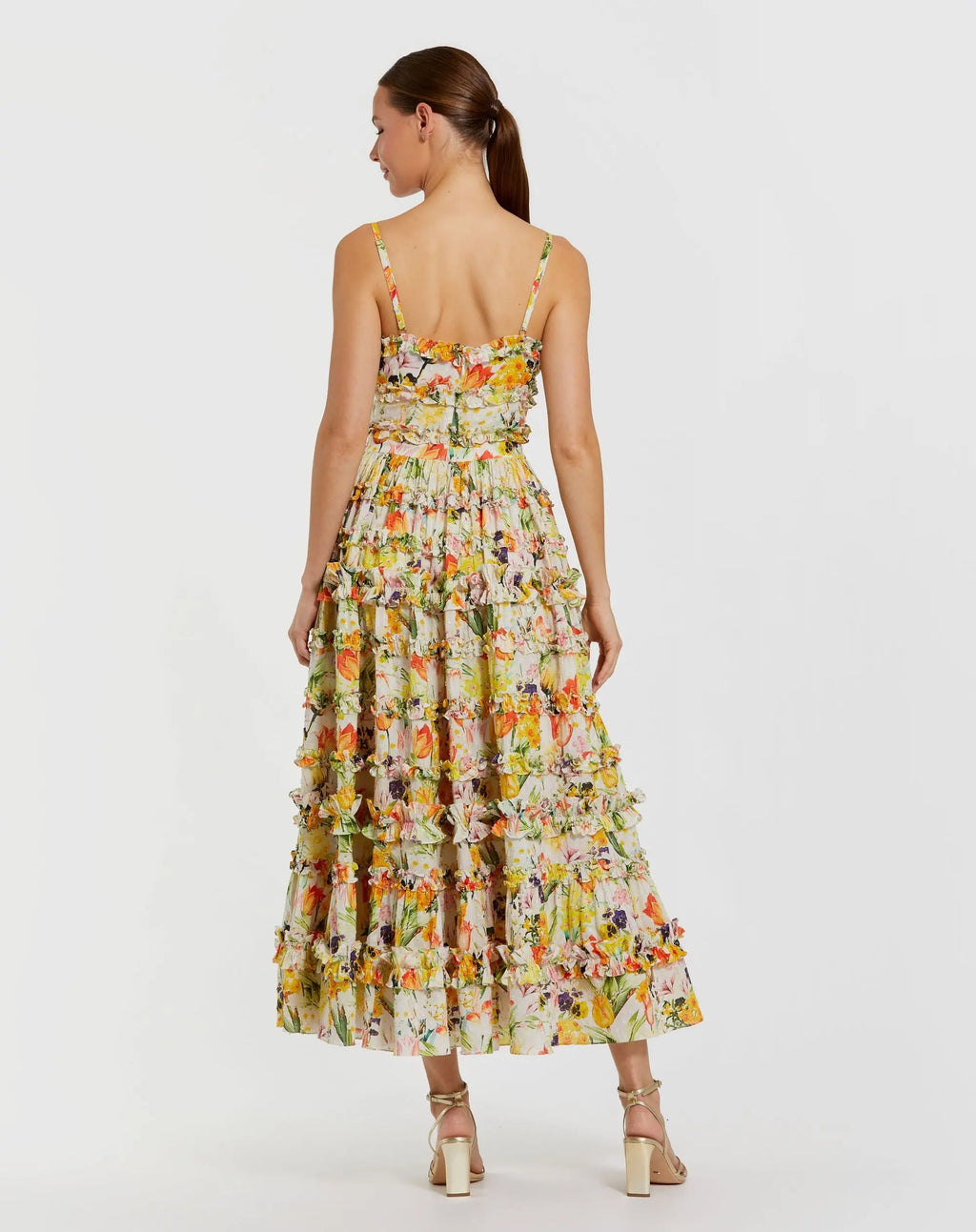 Yellow Floral Printed Micro Ruffle Cotton Midi Dress