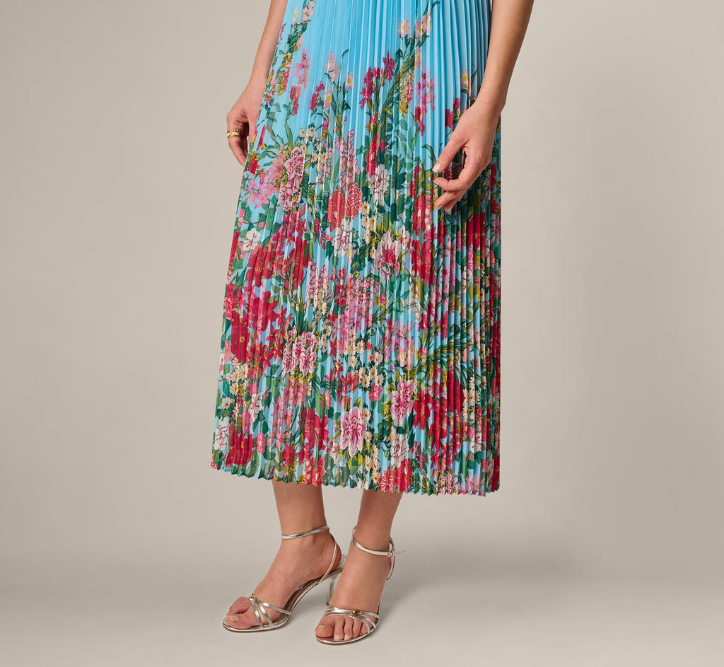 Pleated Wildflower Border Midi Dress In Light Blue Multi