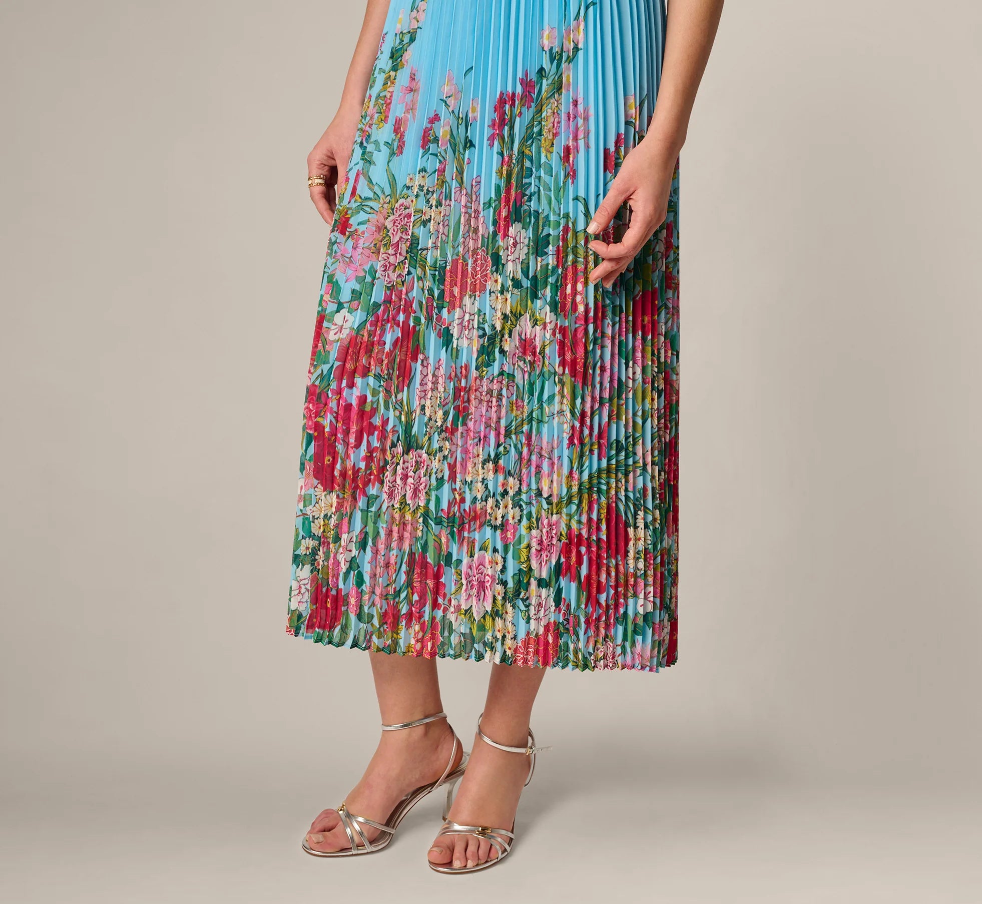 Pleated Wildflower Border Midi Dress In Light Blue Multi