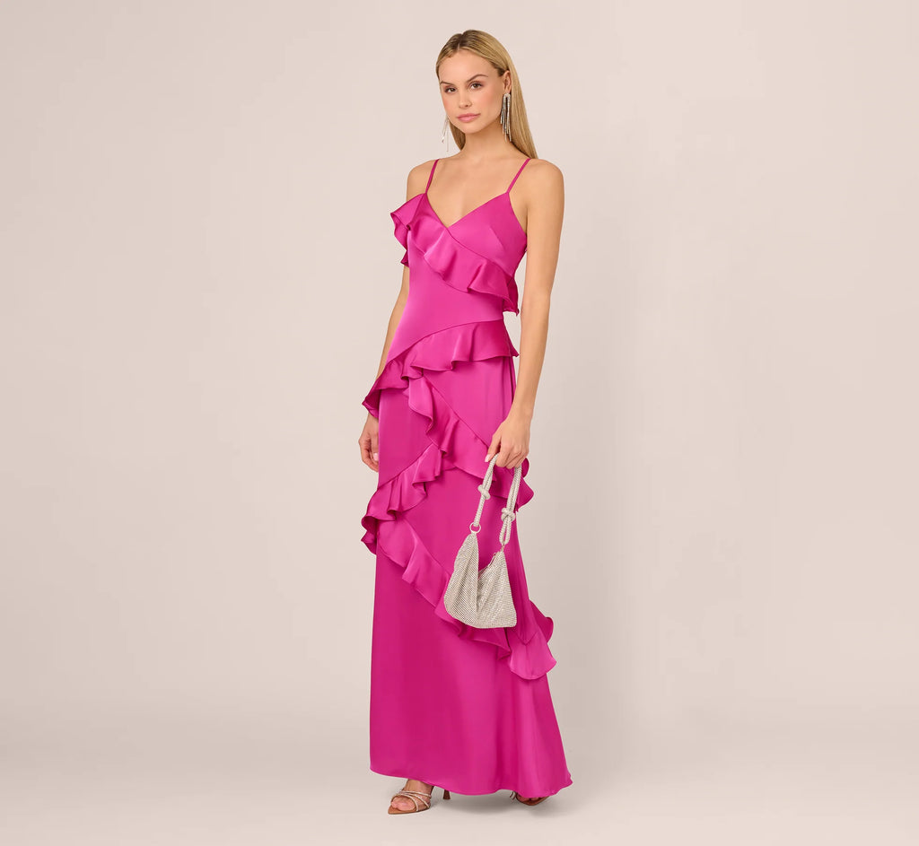 Satin Cascade Ruffle Slip Gown In Electric Passion