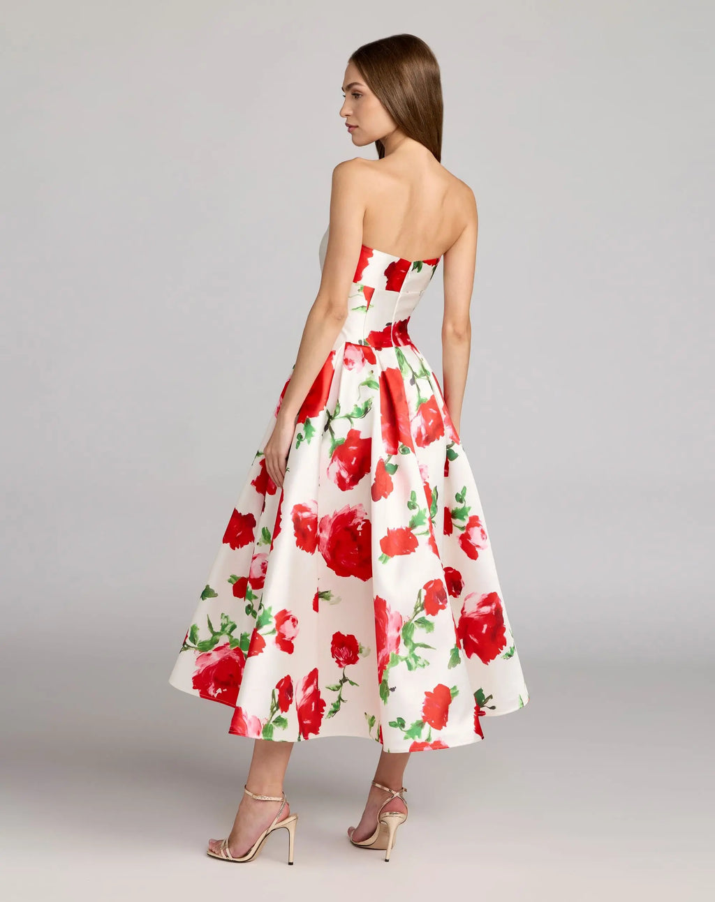 White Strapless Floral Printed A Line Midi Dress