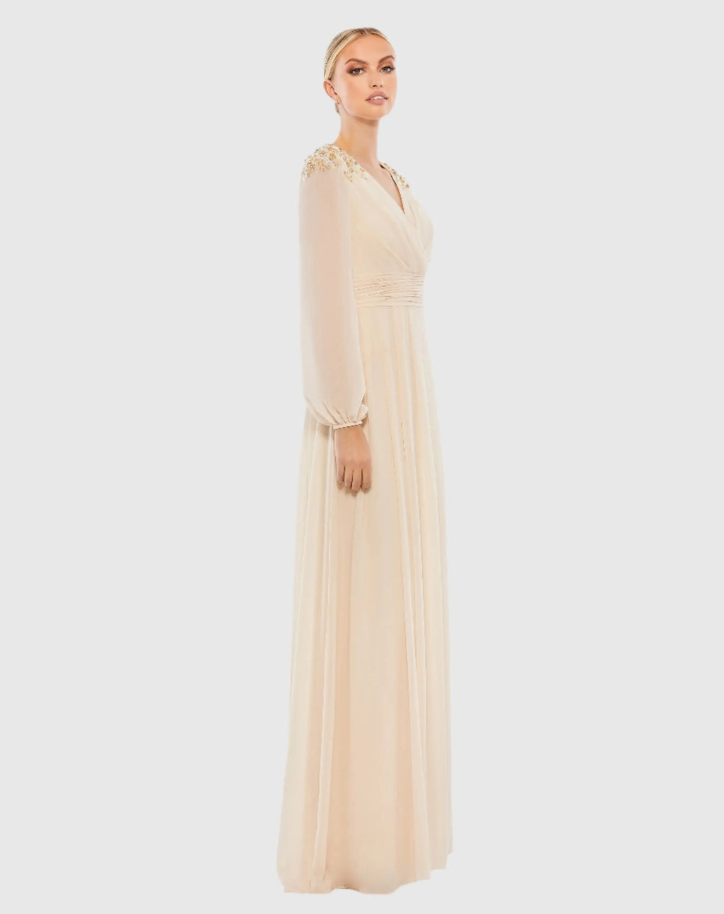 Beige Embellished Shoulder Blouson Sleeve Evening Gown