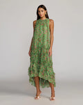 Green Sleeveless Floral Chiffon Micro Ruffle Trapeze Midi Dress
