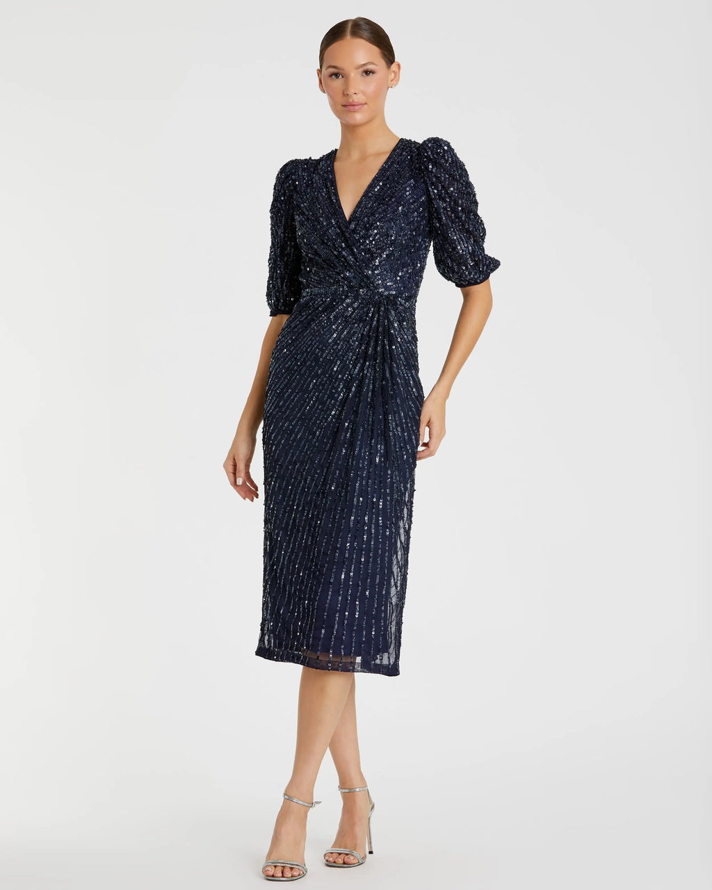 Navy Sequined V-Neck Short Puff Sleeve Midi Dress - FINAL SALE