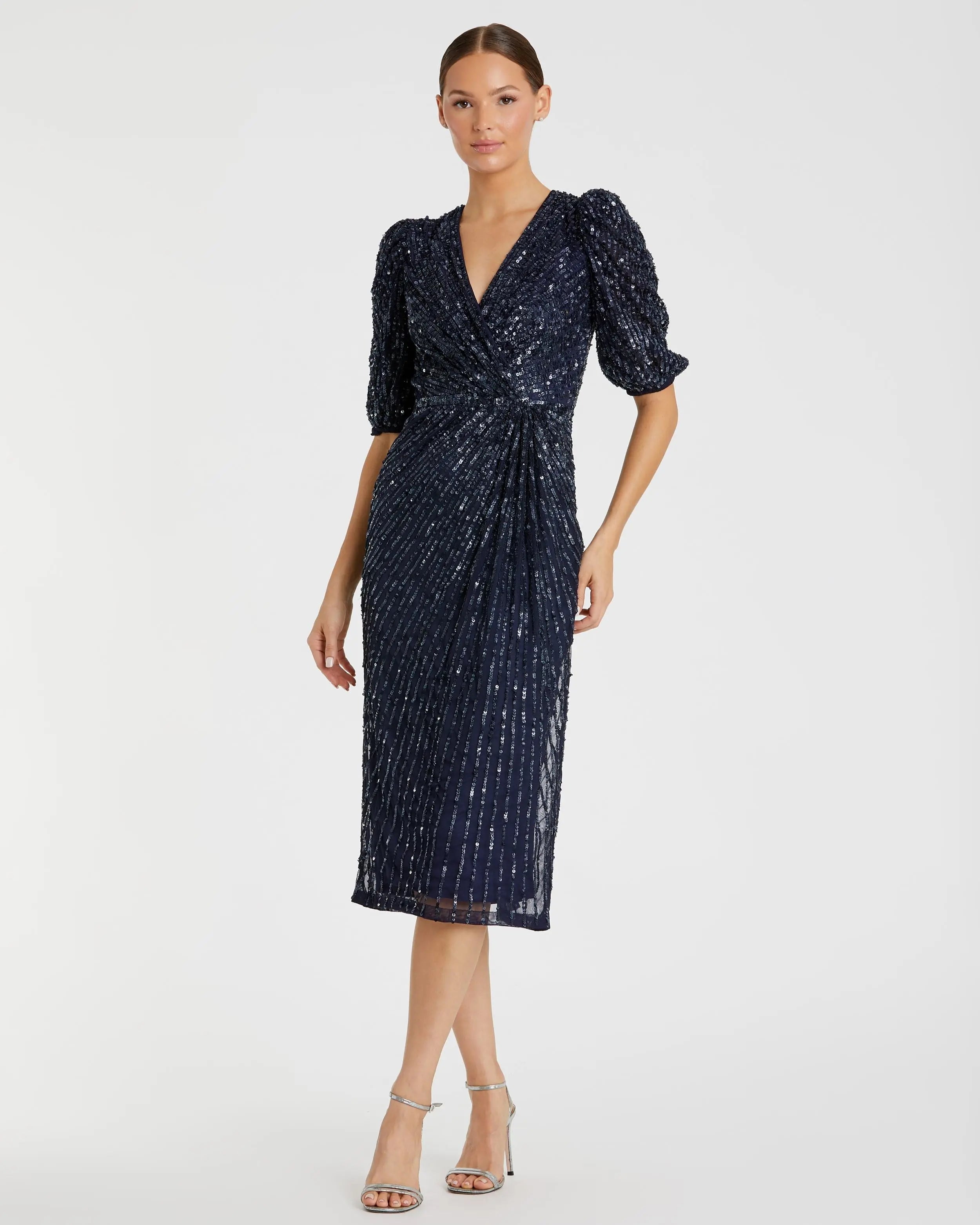 Navy Sequined V-Neck Short Puff Sleeve Midi Dress - FINAL SALE