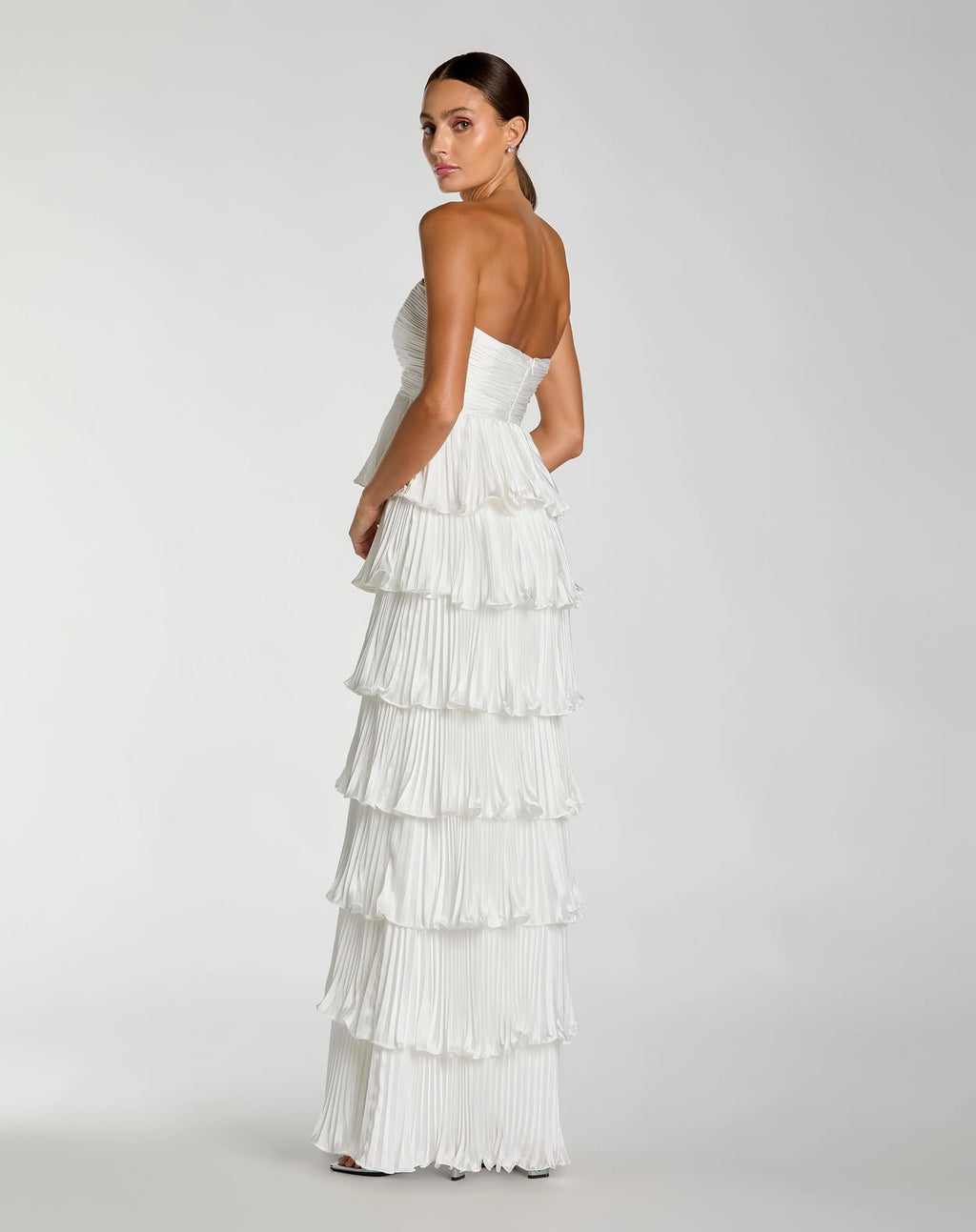 White Pleated Charmeuse Strapless Tiered Ruffle Gown