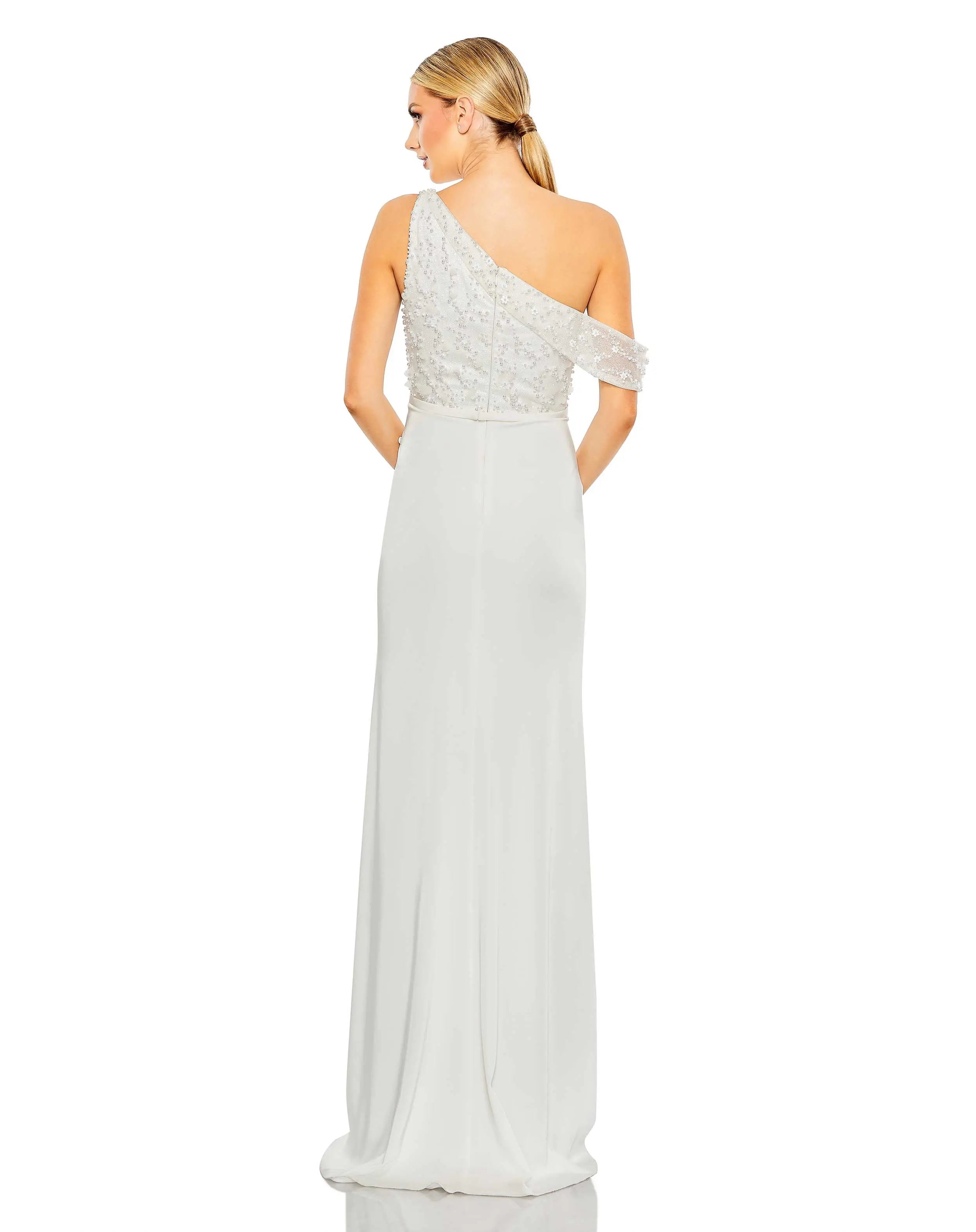 White Embellished Drop Shoulder Column Gown - FINAL SALE