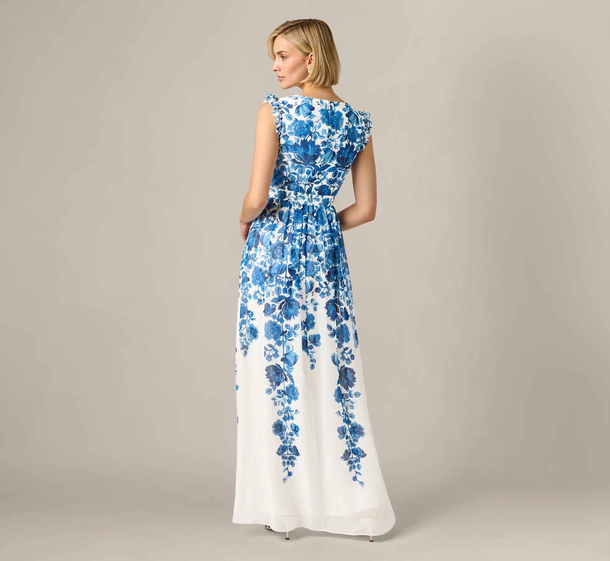 Chiffon Floral Vine Border Print Gown In Ivory Blue