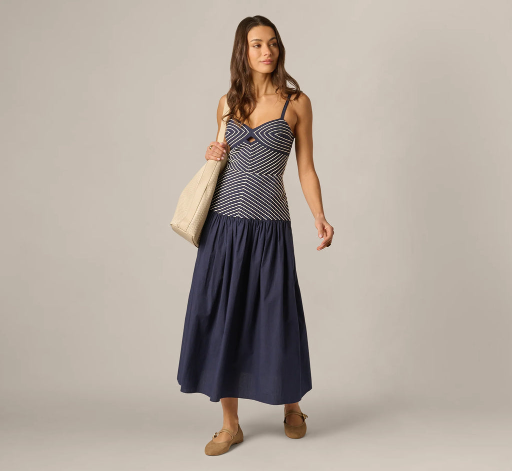 Drop Waist Chevron Cotton Midi Sundress In Navy Ivory