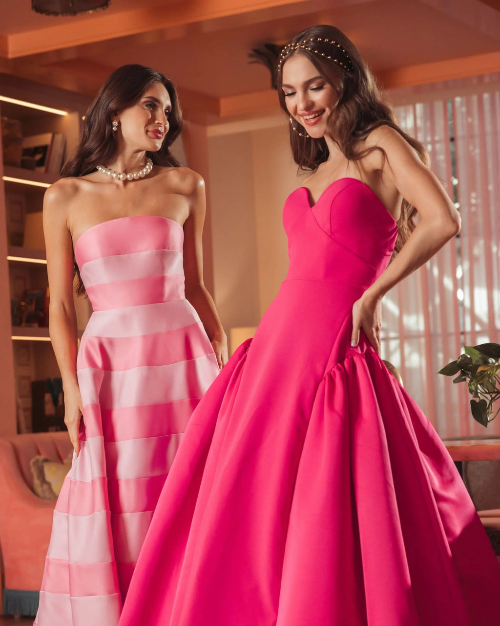 Pink Strapless Crepe Ball Gown With Satin Skirt