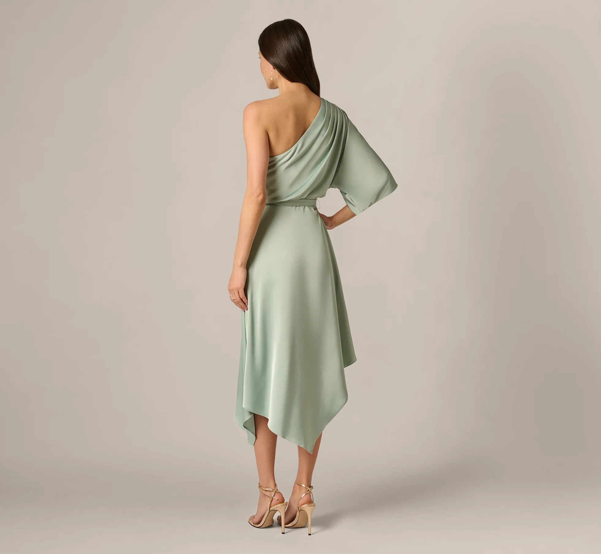 Asymmetrical Draped Stretch Satin Midi Dress In Icy Sage