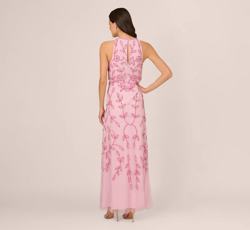 Sleeveless Blouson Mermaid Gown With Jasmine Beading In Pink Lace