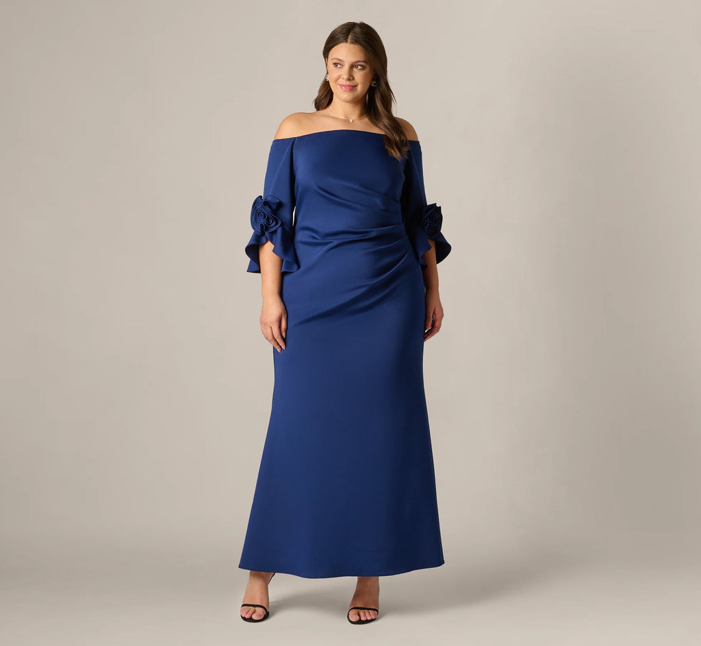 Plus Size Off Shoulder Bell Sleeve Rosette Gown In Navy Sateen