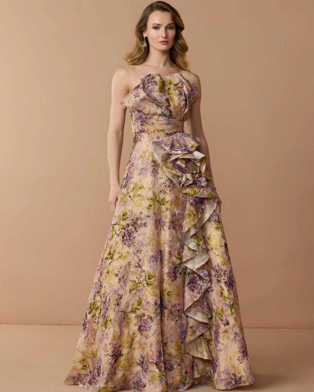 Pink Strapless Floral Ball Gown With Ruffle Detail