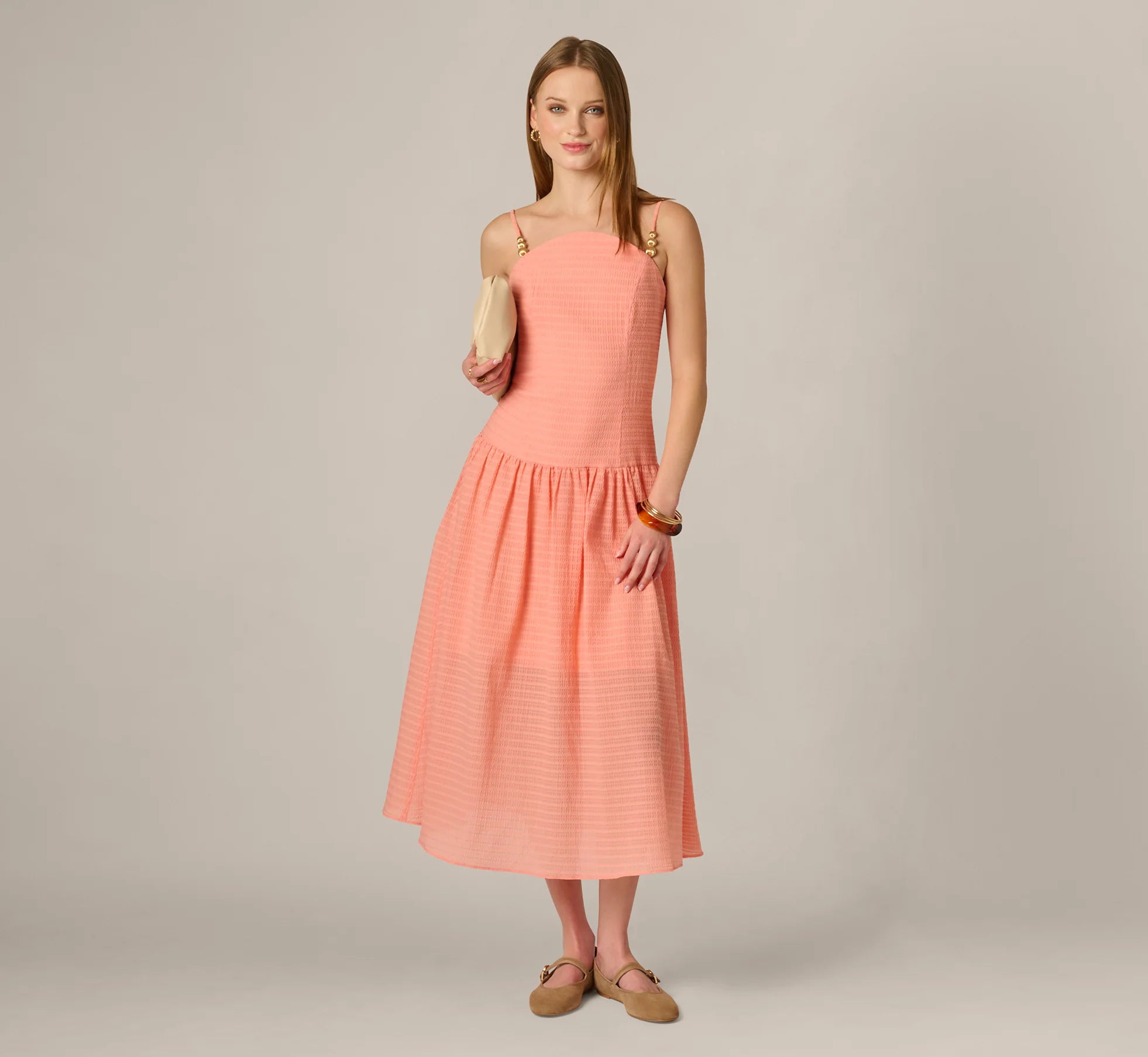 Drop Waist Seersucker Beaded Strap Sundress In Coral