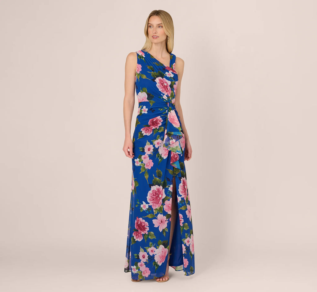 Asymmetrical Draped Floral Chiffon Gown In Dark Blue Multi
