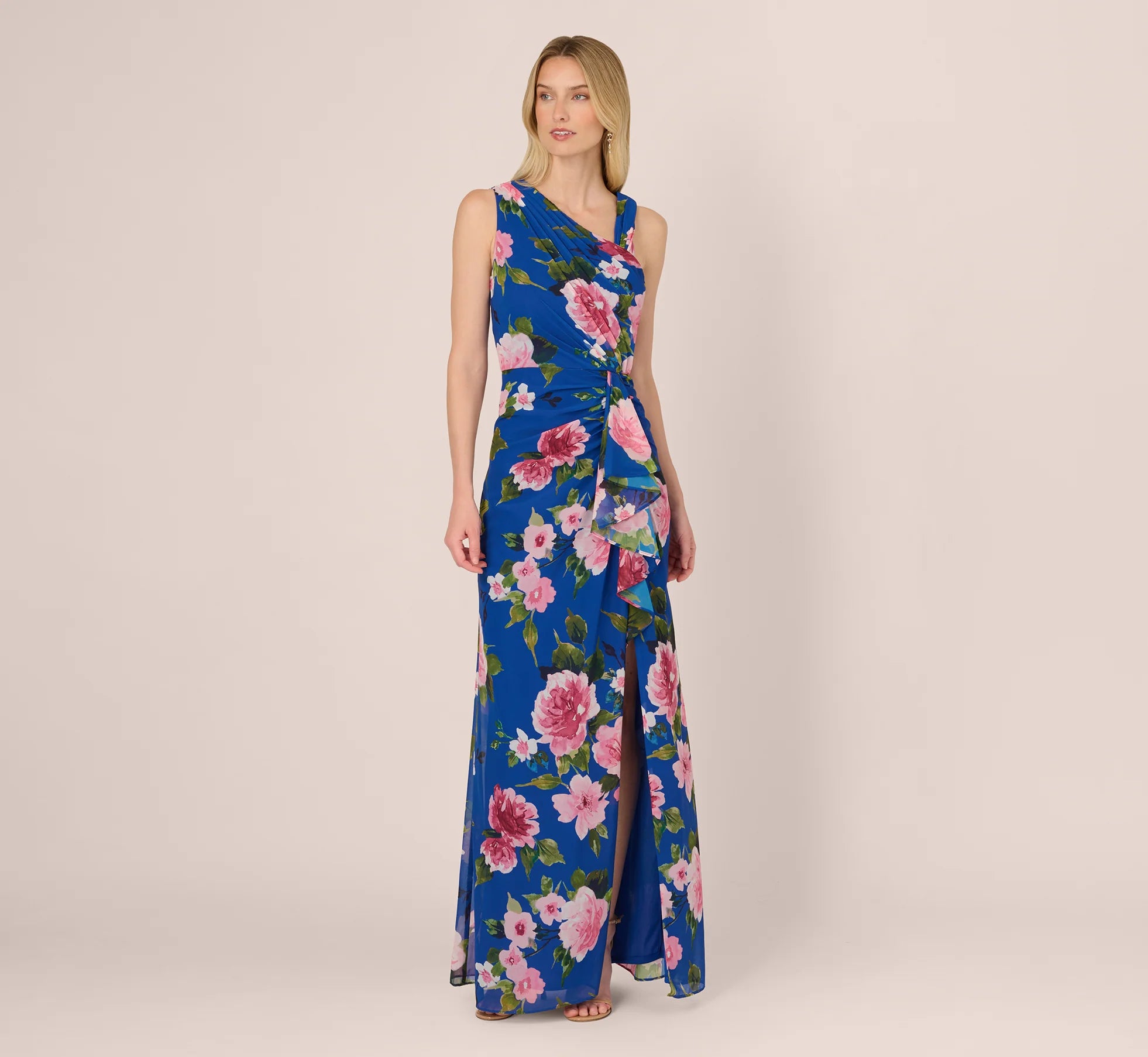 Asymmetrical Draped Floral Chiffon Gown In Dark Blue Multi