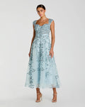 Blue Floral Embroidered Sweetheart Neckline Midi Dress