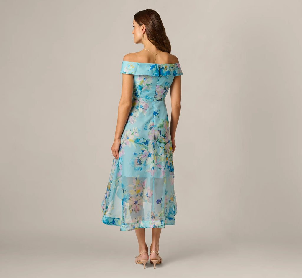 Off Shoulder Floral Organza High Low Midi Dress In Blue Multi