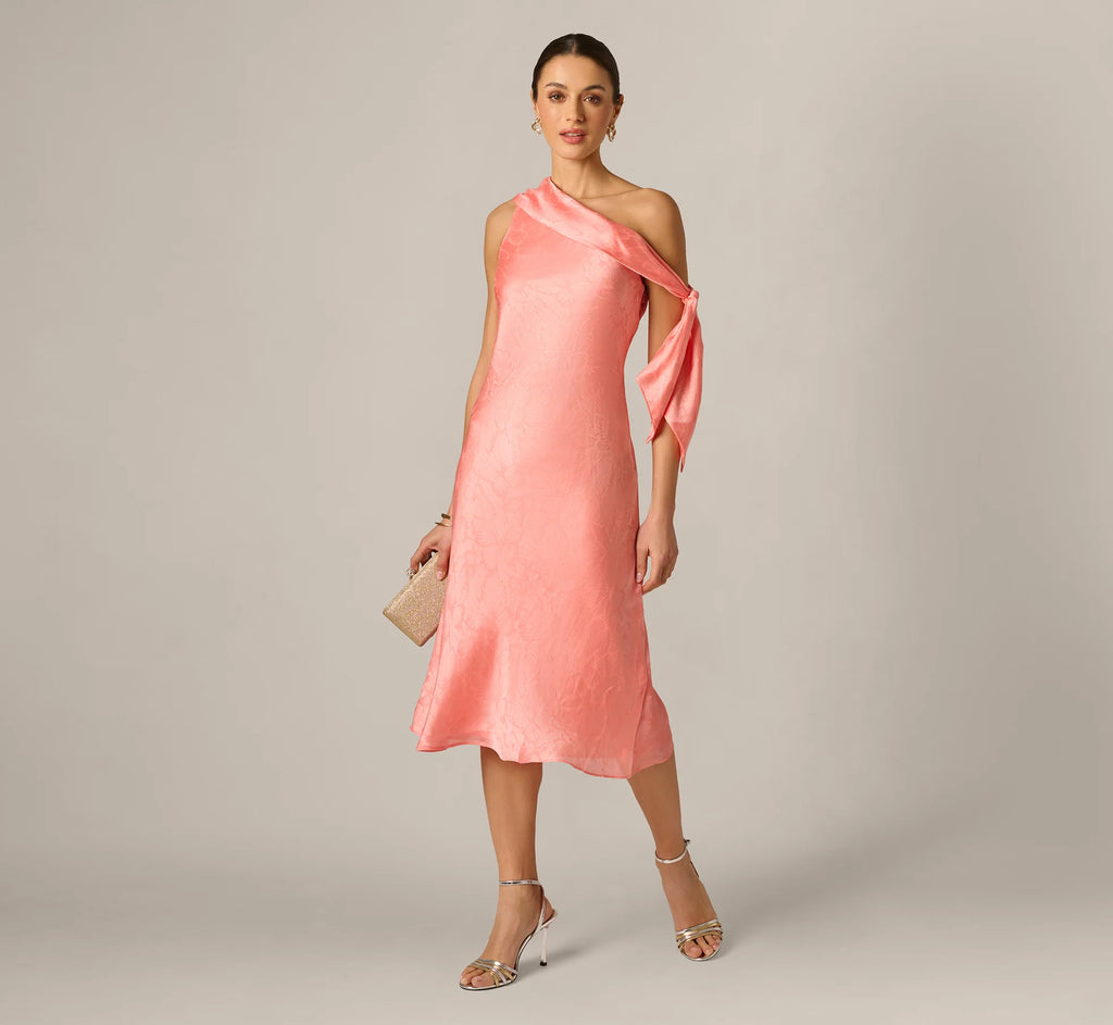 Draped Shoulder Butterfly Jacquard Midi Dress In Coastal Sun