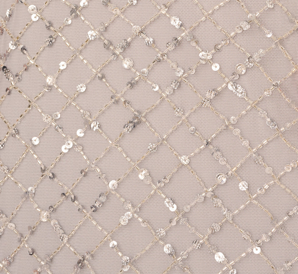 Short Sleeve Diamond Beaded Cowl Gown In Crystal Silver