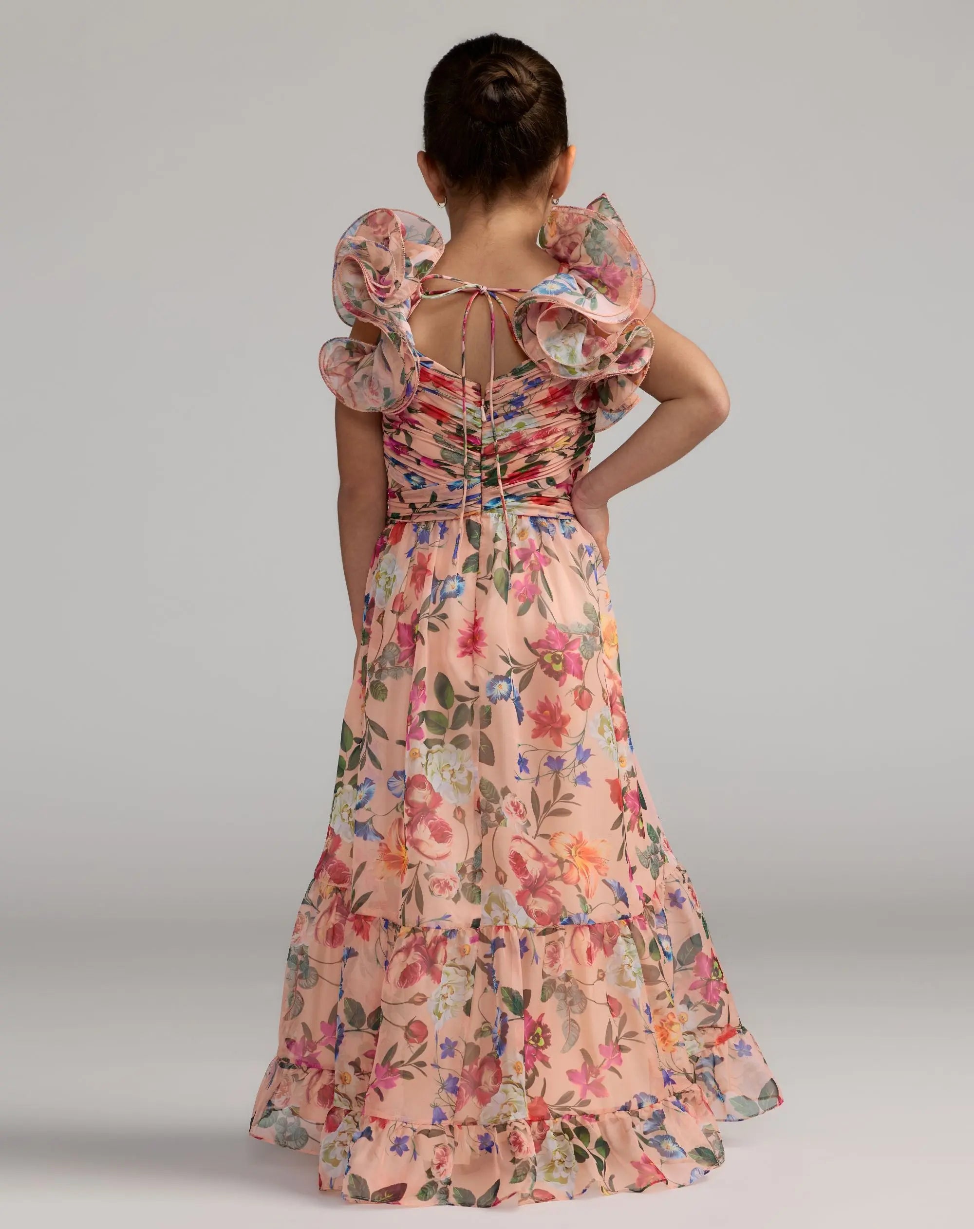 Girls Pink Floral Chiffon Ruffle Shoulder Dress