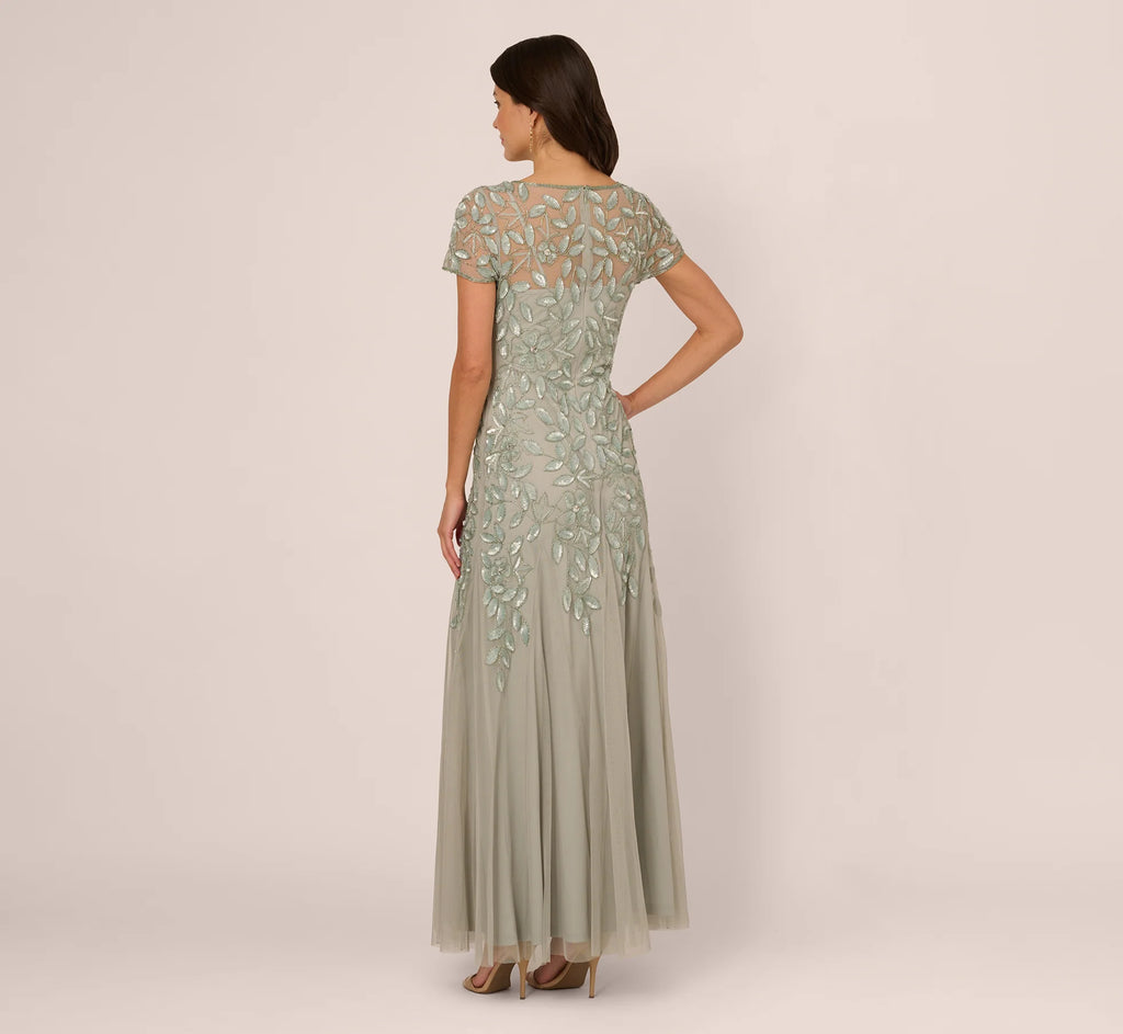 Hand Beaded Short Sleeve Floral Godet Gown In Frosted Sage
