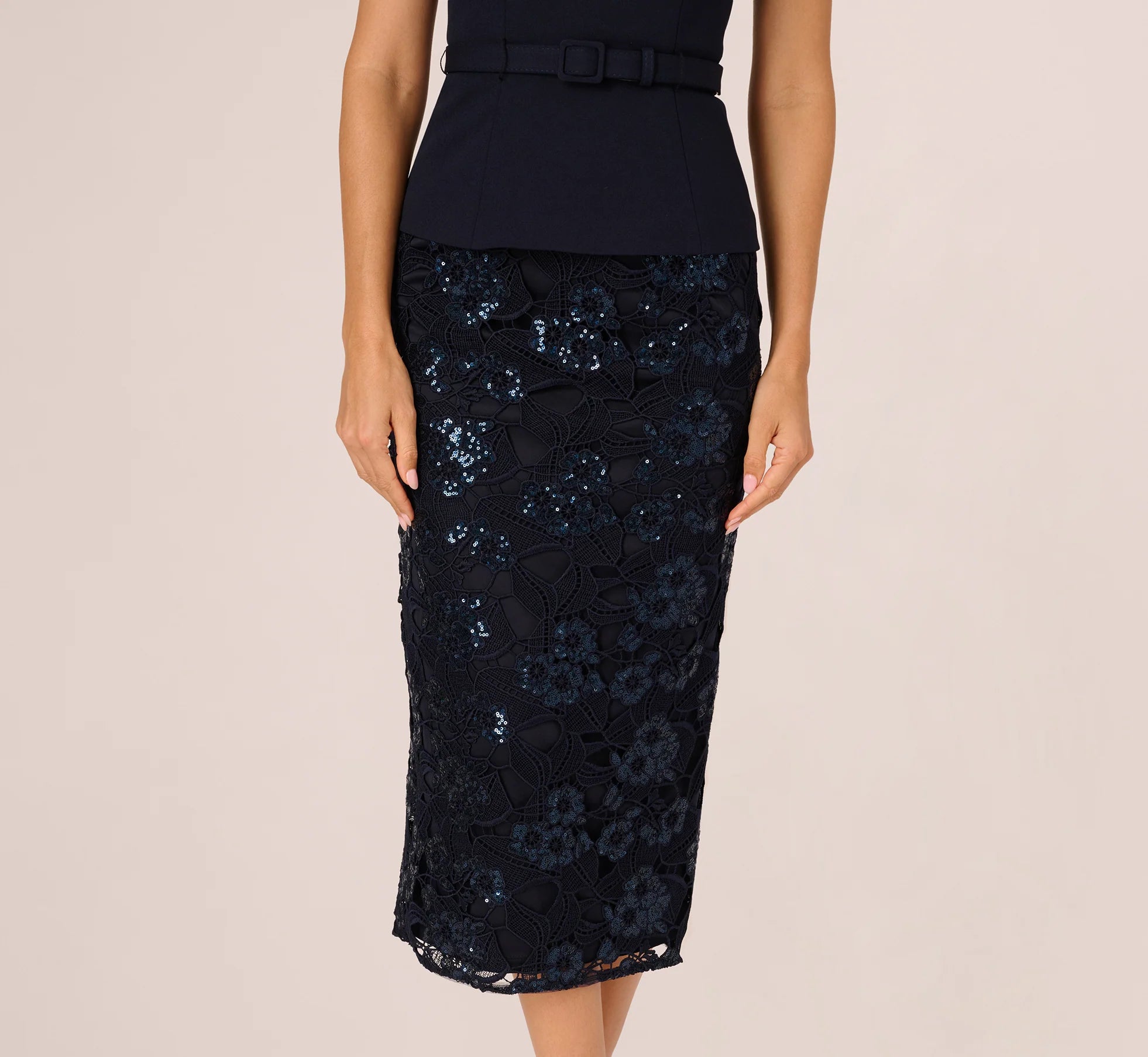 Sleeveless Sequin Lace Combo Midi Dress In Midnight