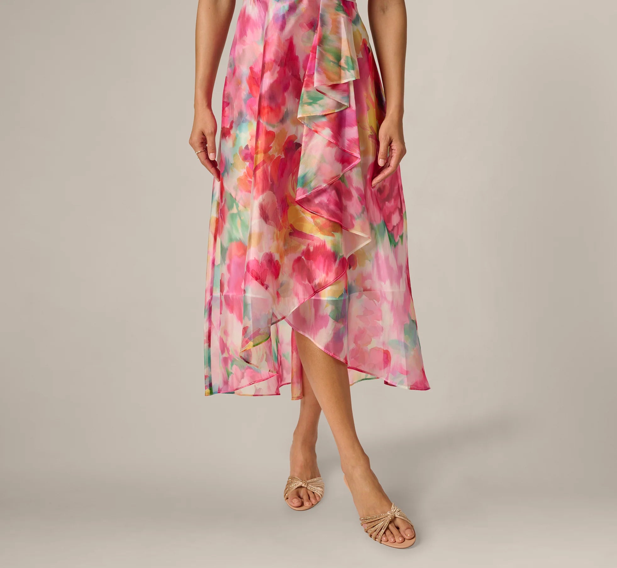 Petite One Shoulder Watercolor Organza High Low Midi Dress In Ivory Multi