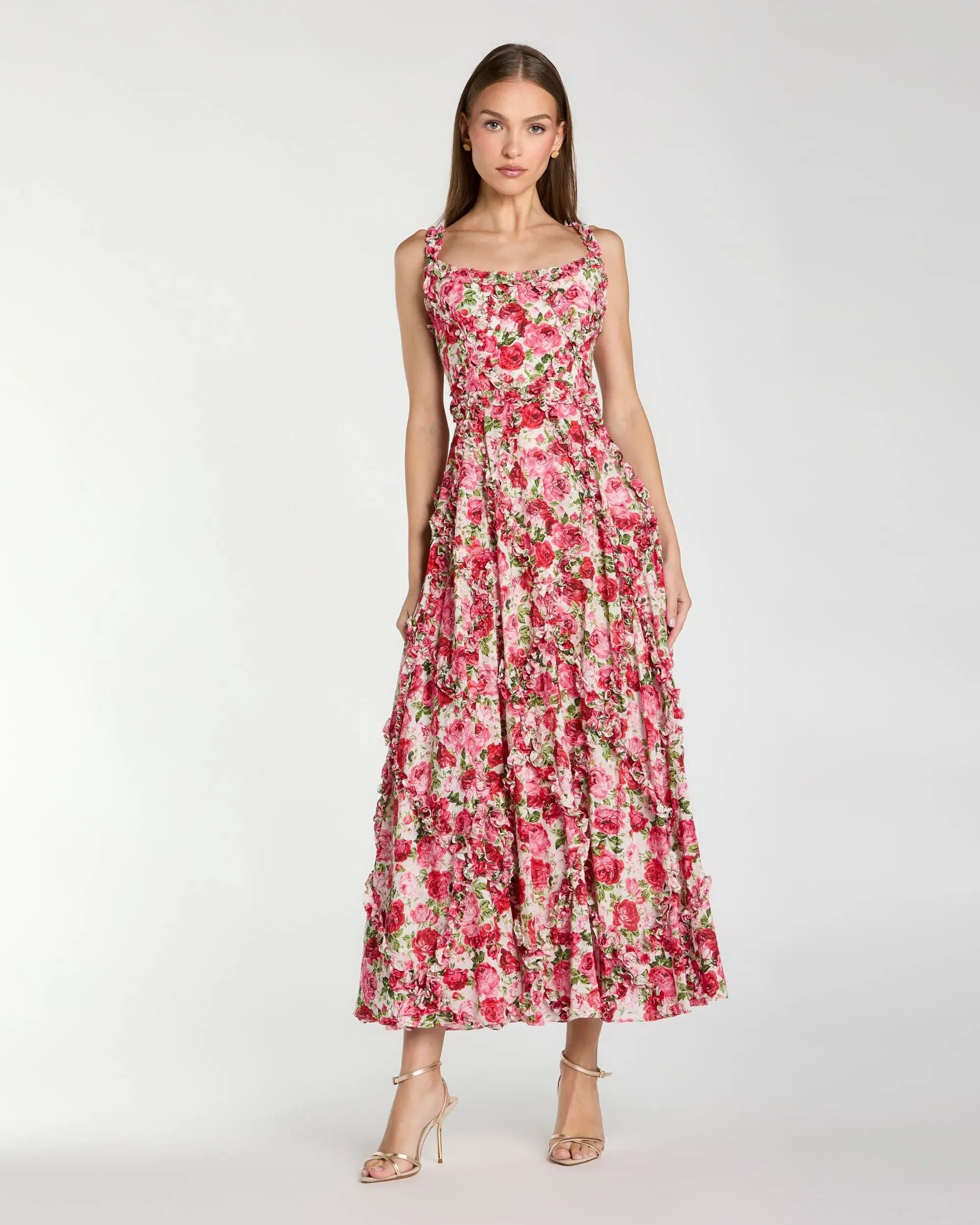 Ruffle Scoop Neck Floral A-Line Dress