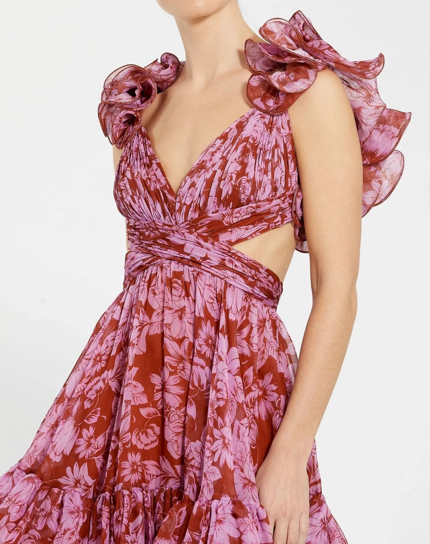 Red and Pink Ruffle Tiered Cut-Out Chiffon Midi Dress