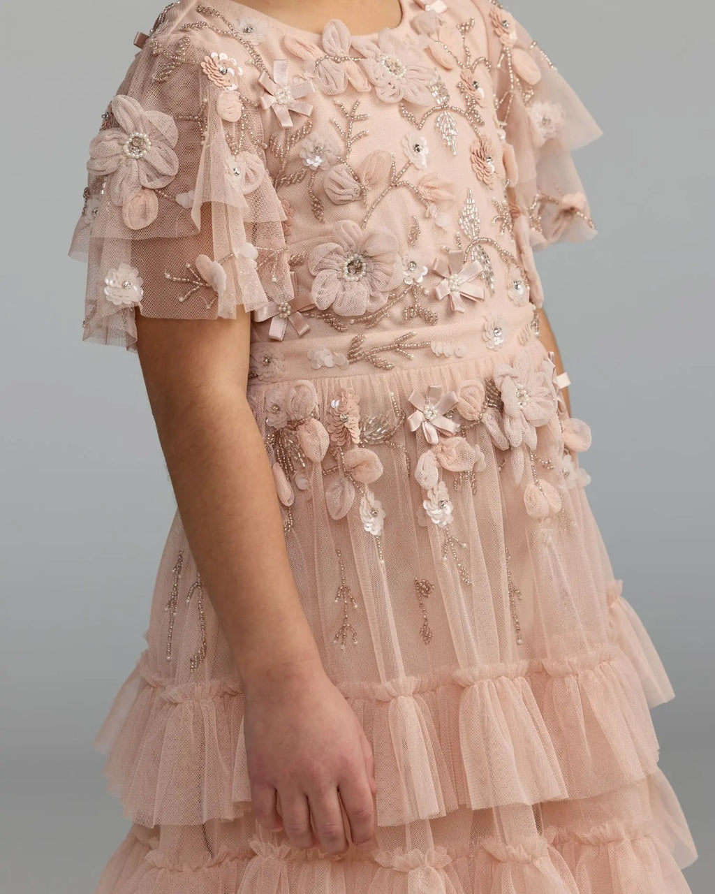 Girls Pink Embellished Flutter Sleeve Ruffle Dress