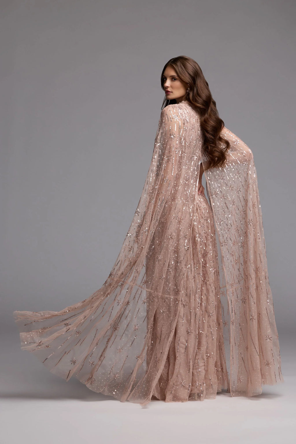 Pink Embellished High Neck Gown With Cape Sleeves
