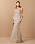 Beige Strapless Embellished Mermaid Gown With Feather Hem