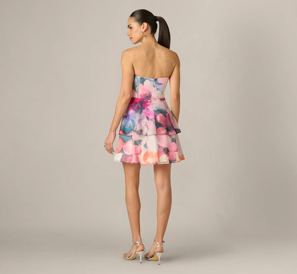 Watercolor Floral Chiffon Sweetheart Mini Dress In Pink Orange Multi