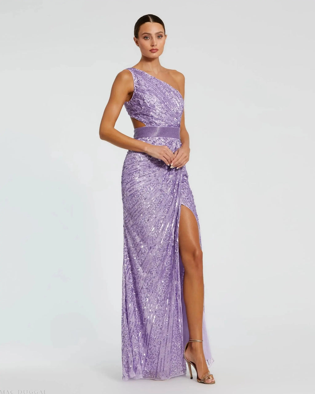 Purple Sequined One Shoulder Draped Lace Up Gown
