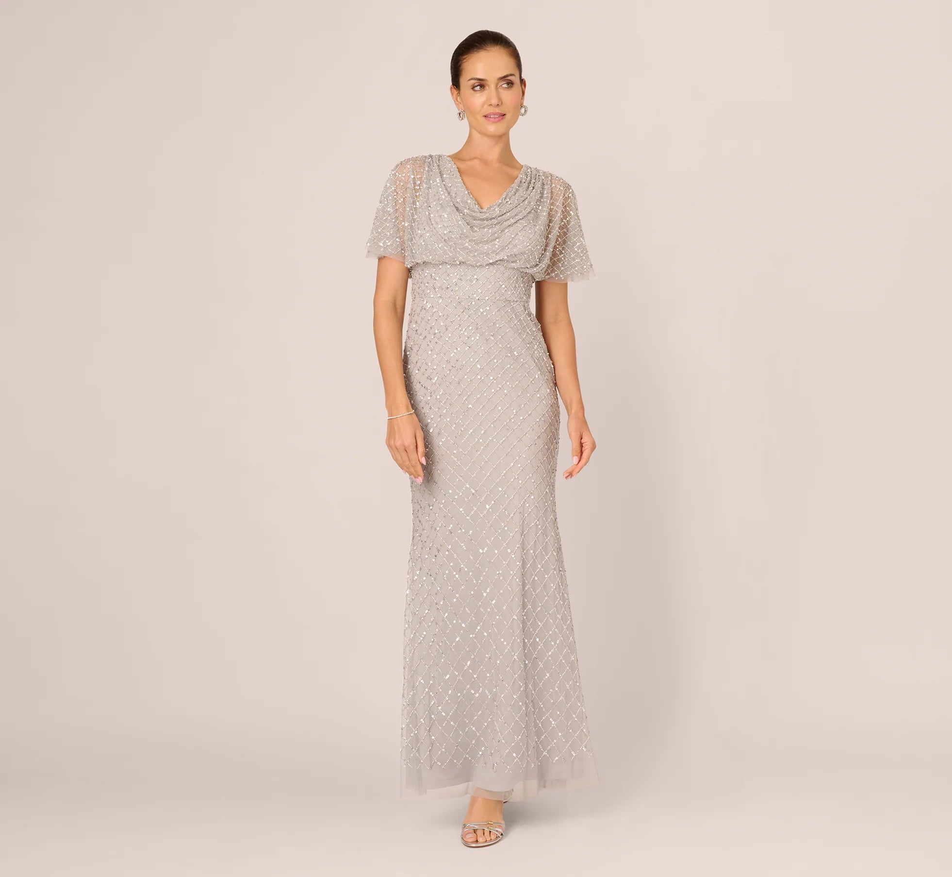 Short Sleeve Diamond Beaded Cowl Gown In Crystal Silver