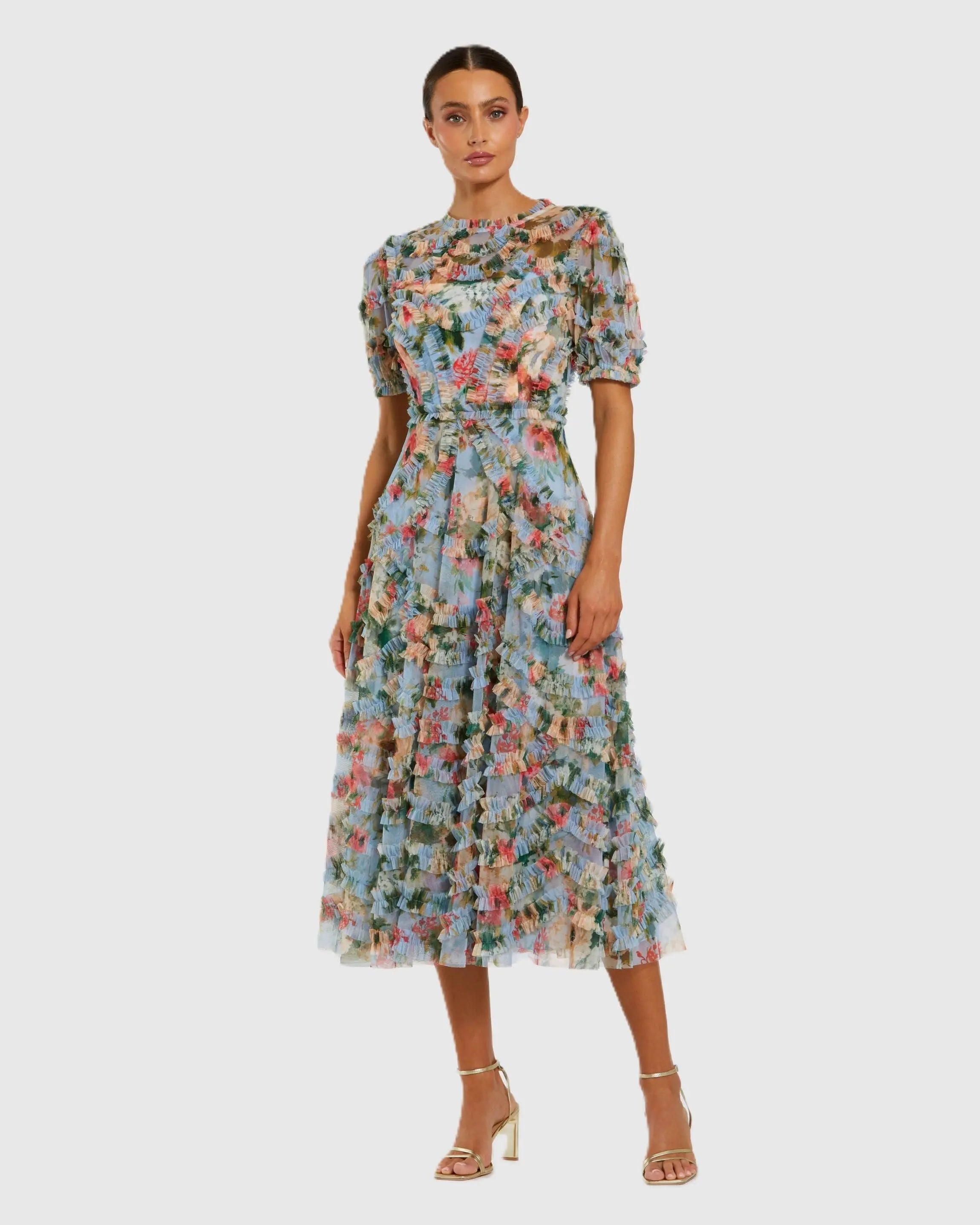 Blue Floral Mesh Ruffle High Neck Midi Dress