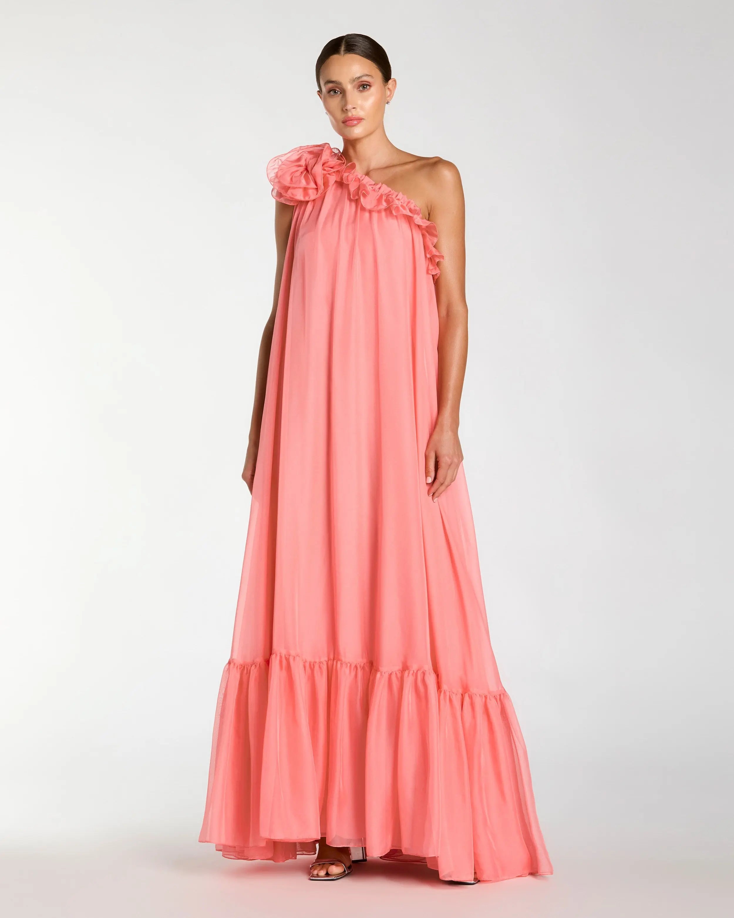 One Shoulder Chiffon Gown With 3D Rosette