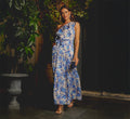 One Shoulder Metallic Stripe Floral Maxi Dress In Champagne Blue Multi