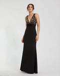 Black Sleeveless Embellished Crepe Gown With Bow