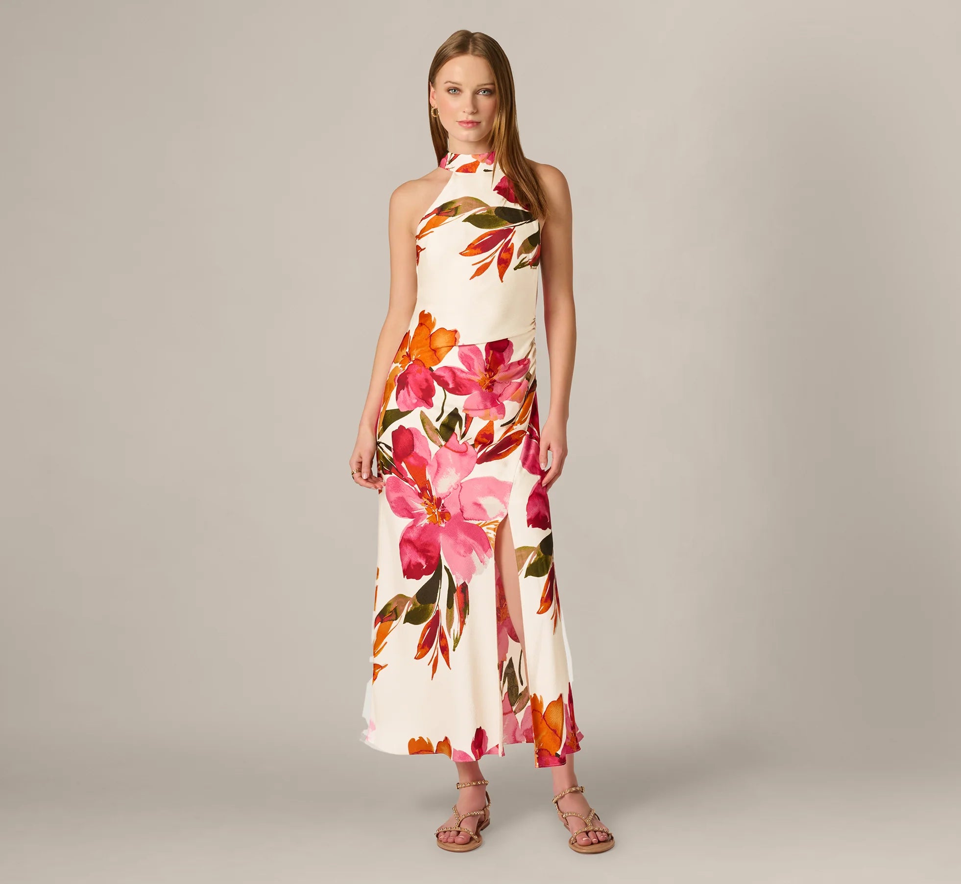 Floral Printed Satin Midi Halter Dress In Champagne Multi