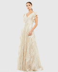 Embroidered Flutter Sleeve V-Neck Gown