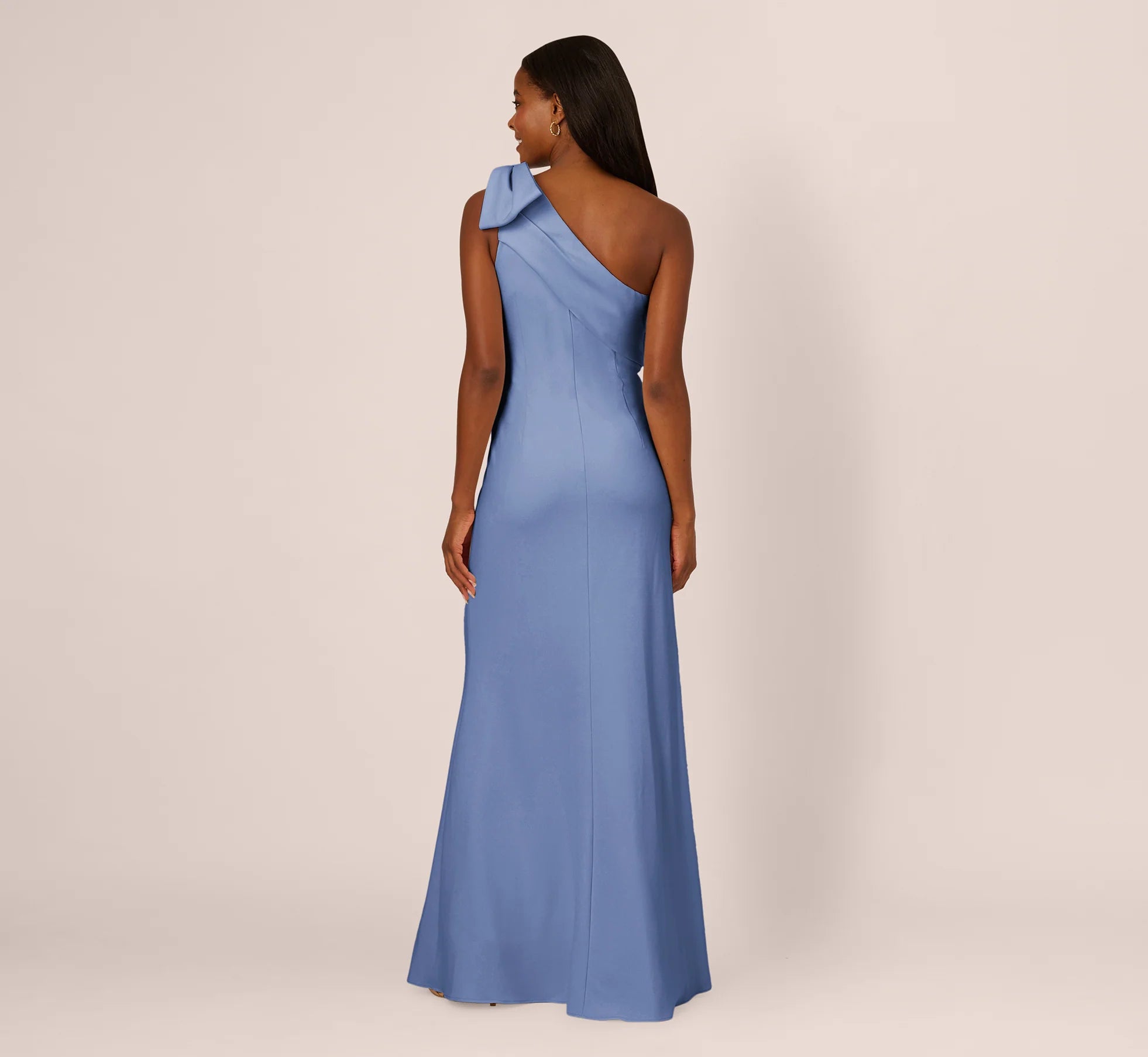 Stretch Crepe One Shoulder Mermaid Gown With Bow Accent In French Blue