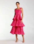 Pink Sleeveless Embroidered Lace Ruffle Midi Dress