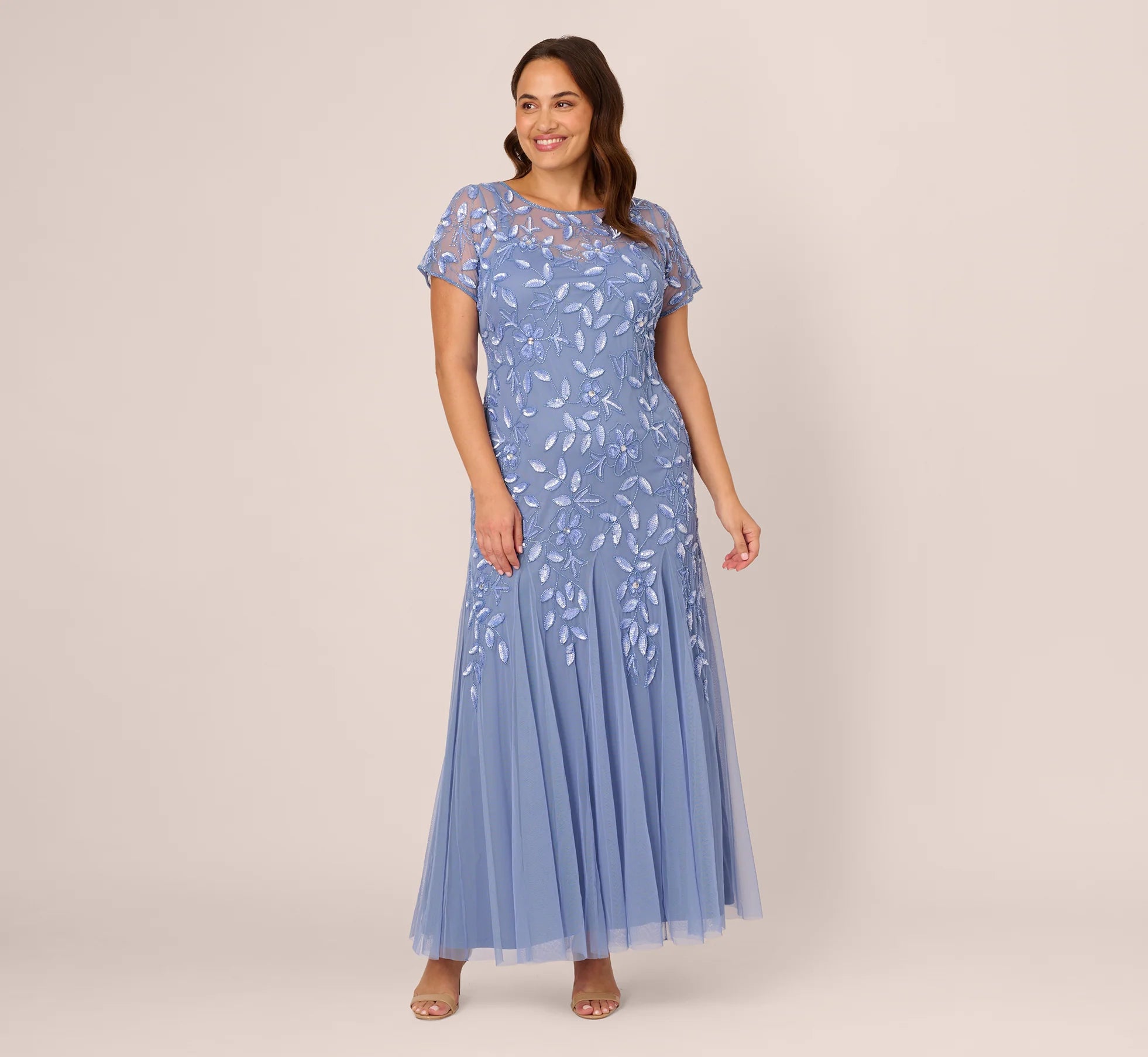 Plus Size Hand Beaded Short Sleeve Floral Godet Gown In French Blue