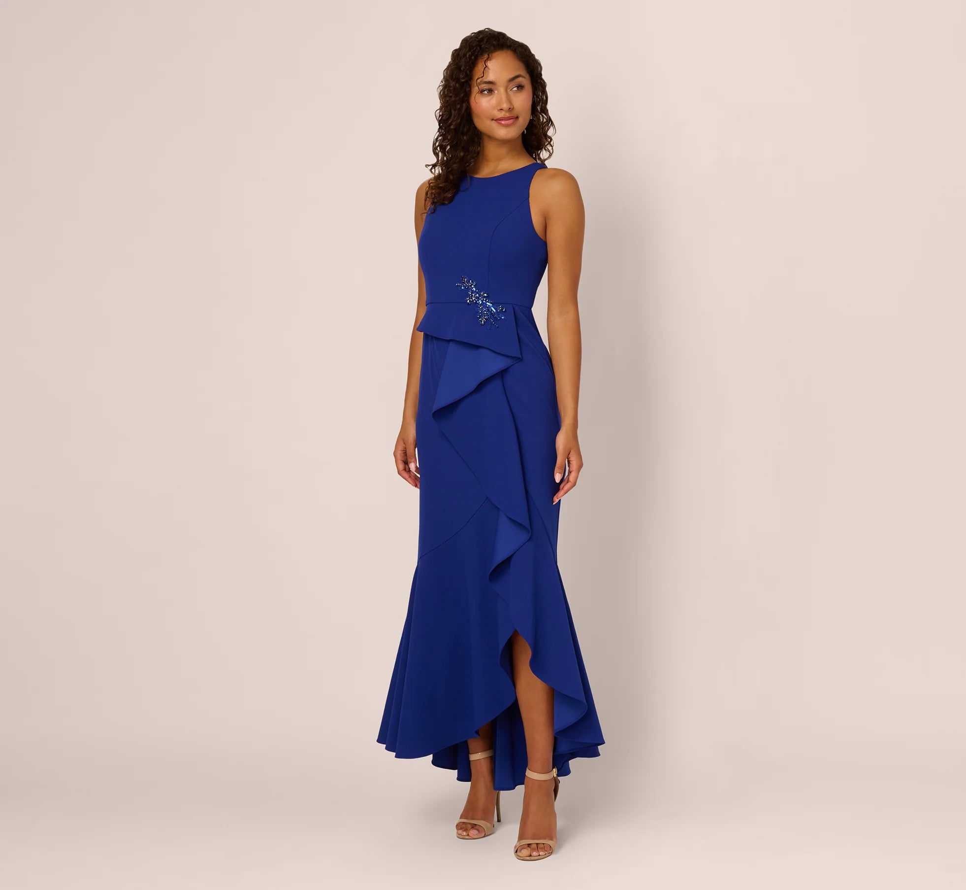 Bead Accent Crepe Halter Gown In Royal Sapphire