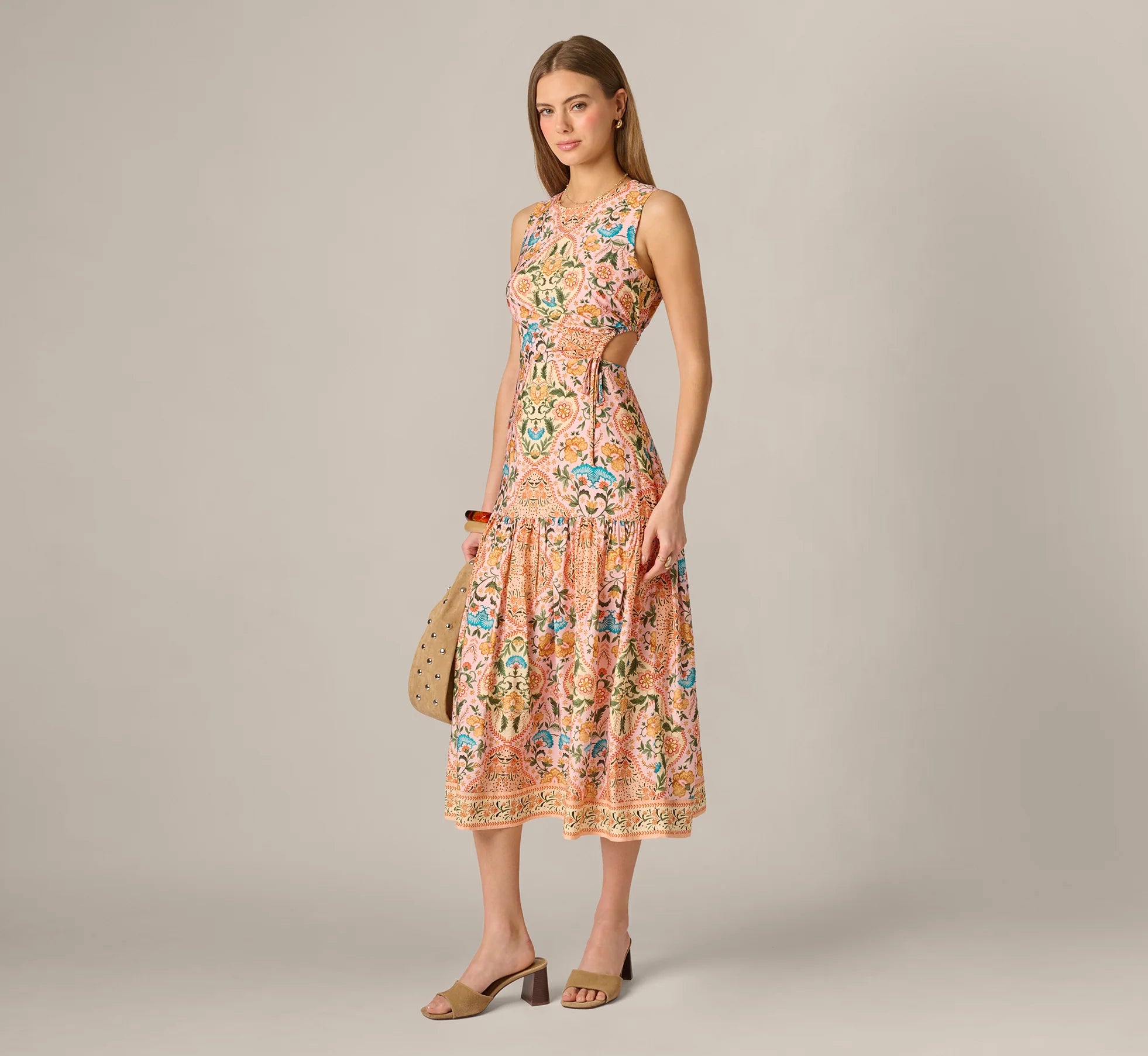 Floral Printed Cutout Drop Waist Midi Dress In Peach Multi